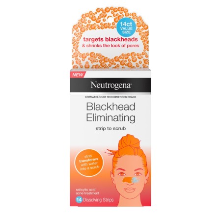 Neutrogena Blackhead Eliminating Pore Strip to Facial Scrub with Salicylic Acid Acne Treatment, Oil-Free & Non-Comedogenic,  14  ea (1 Pack)