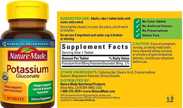 Nature Made Potassium Gluconate 550mg, 100 tablets