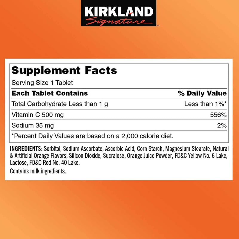 Kirkland Signature Chewable Vitamin C 500 Mg Tangy Orange Taste: 500 Tablets