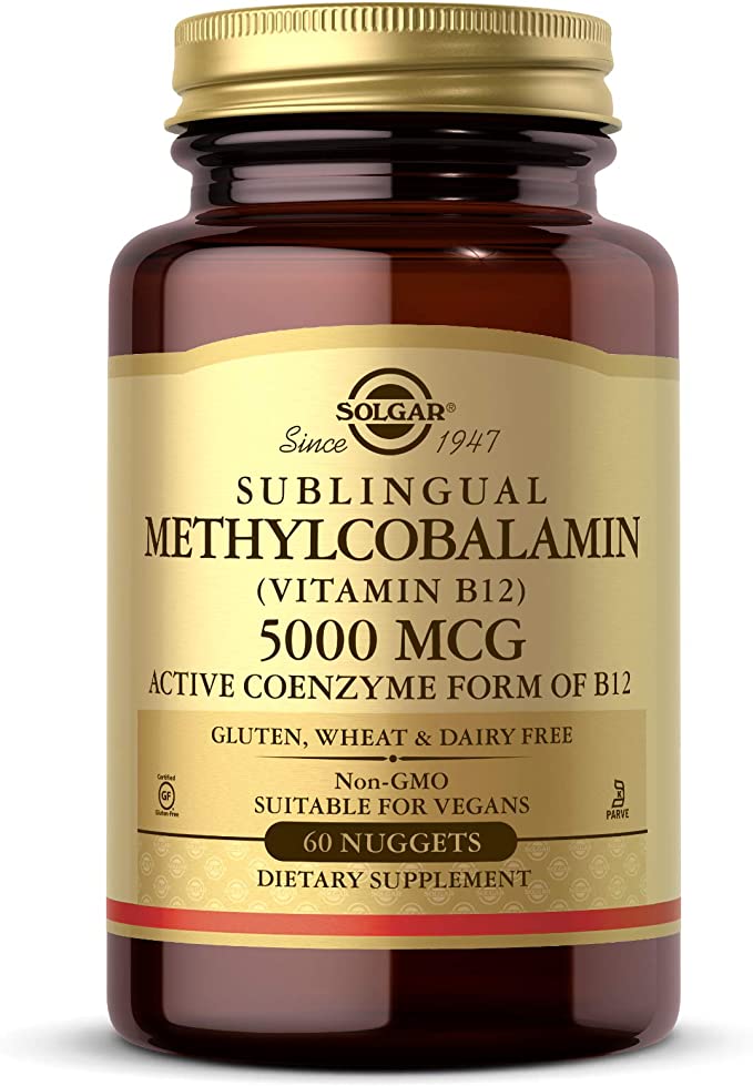 Solgar Methylcobalamin (Vitamin B12) 5000 mcg, 60 Nuggets - Supports Energy Metabolism - Body-Ready, Active Form of B12 - Vitamin B - Non GMO, Vegan, Gluten, Dairy Free, Kosher - 60 Servings