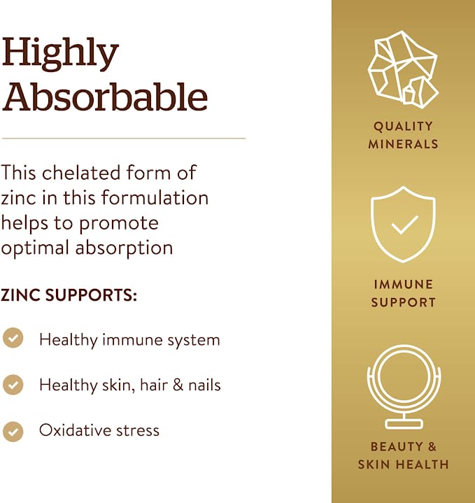 Solgar Chelated Zinc, 250 Tablets - Zinc for Healthy Skin - Supports Cell Growth & DNA Formation - Exerts Antioxidant Activity - Supports A Healthy Immune System - Non GMO, Vegan - 250 Servings