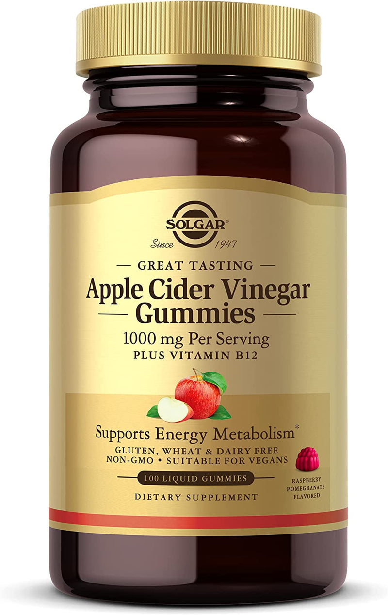 Solgar Apple Cider Vinegar 1000 mg Gummies, Great-Tasting Raspberry Pomegranate Flavor, Plus Vitamin B12, Supports Energy Metabolism, Non-GMO & Vegan, 50 Servings, 100 Count