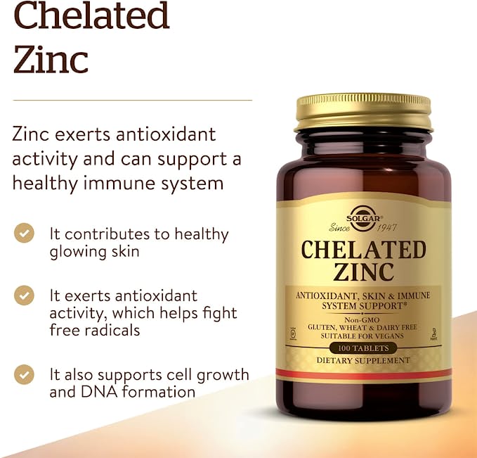 Solgar Chelated Zinc, 100 Tablets - Zinc for Healthy Skin - Supports Cell Growth & DNA Formation - Exerts Antioxidant Activity - Supports A Healthy Immune System - Non GMO, Gluten Free - 100 Servings