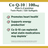 CoQ10 by Nature's Bounty, Dietary Supplement, Supports Heart Health, 100mg Plus L-Carnitine, Twin Pack, 120 Softgels