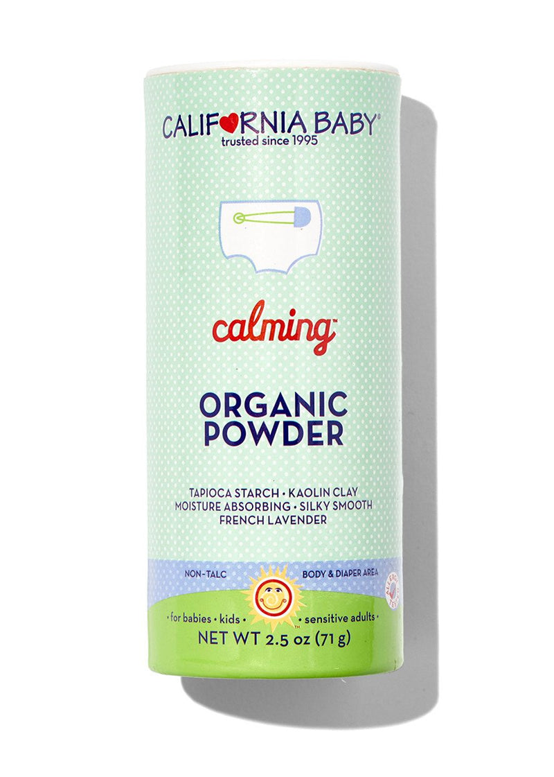 California Baby Calming Organic Powder (2.5oz) Our talc-free, vegan, certified organic powder is safe for all ages and doesn’t have the same health concerns as traditional talcum-based powder.
