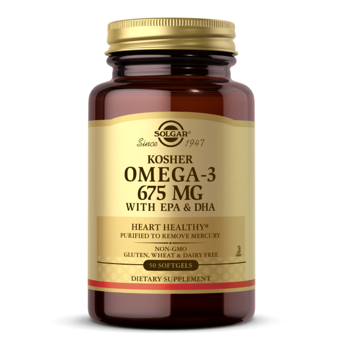 Solgar Kosher Omega-3 675 mg, 50 Softgels - Cardiovascular, Joint & Cellular Health - Concentrated Omega-3 Fatty Acids EPA & DHA - Non-GMO, Gluten Free, Dairy Free, Kosher - 50 Servings