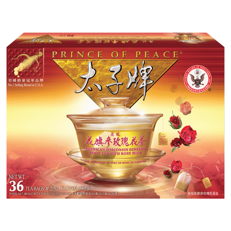 PRINCE OF PEACE American Wisconsin Ginseng Root Tea with Rose Hips, 36 Tea Bags, 3.17 oz/90 g