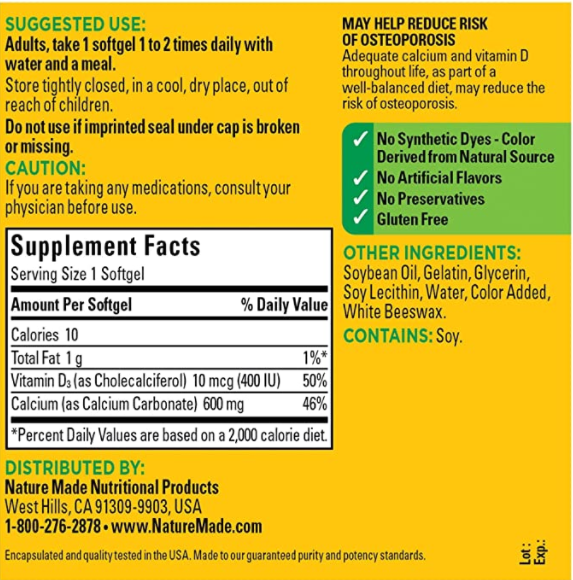 Nature Made Calcium 600 mg (100 SOFTGELS)